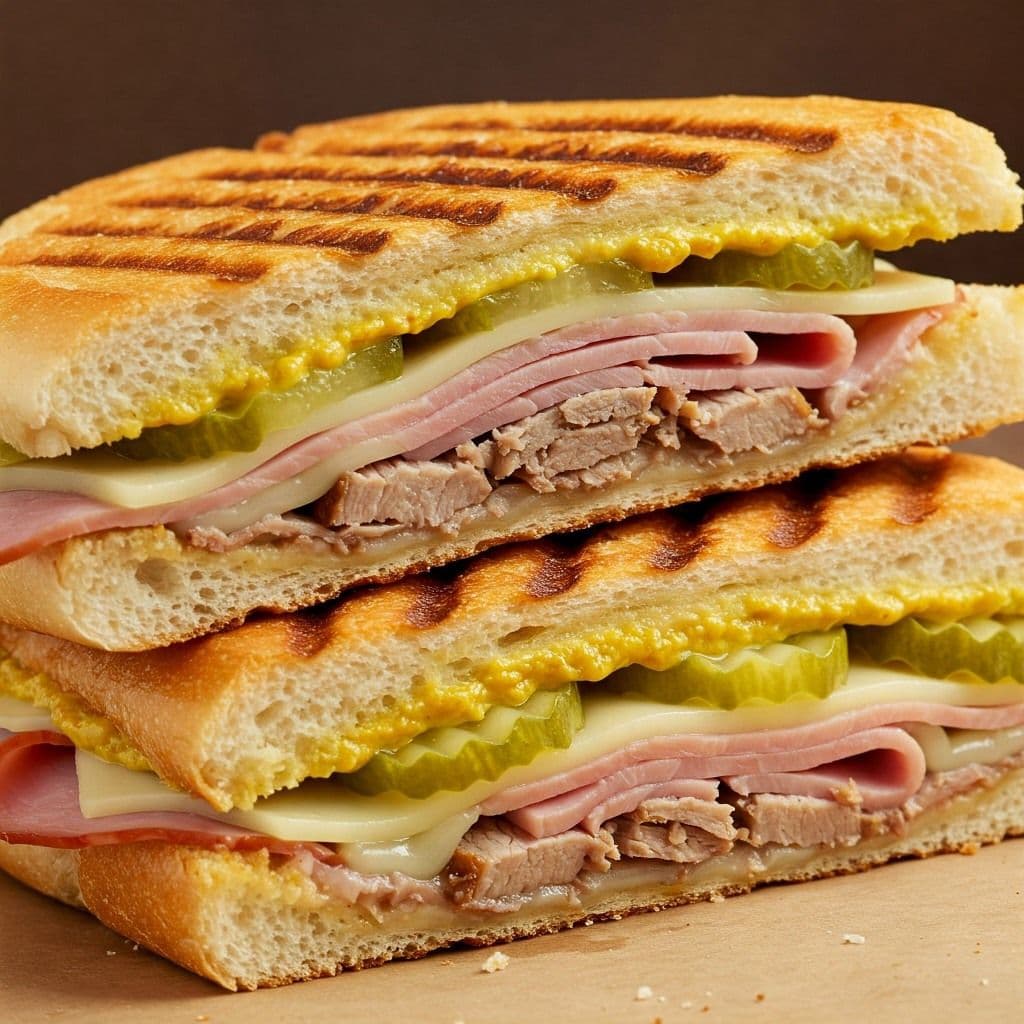 Sándwich cubano de Justo Refuerzos en primer plano.